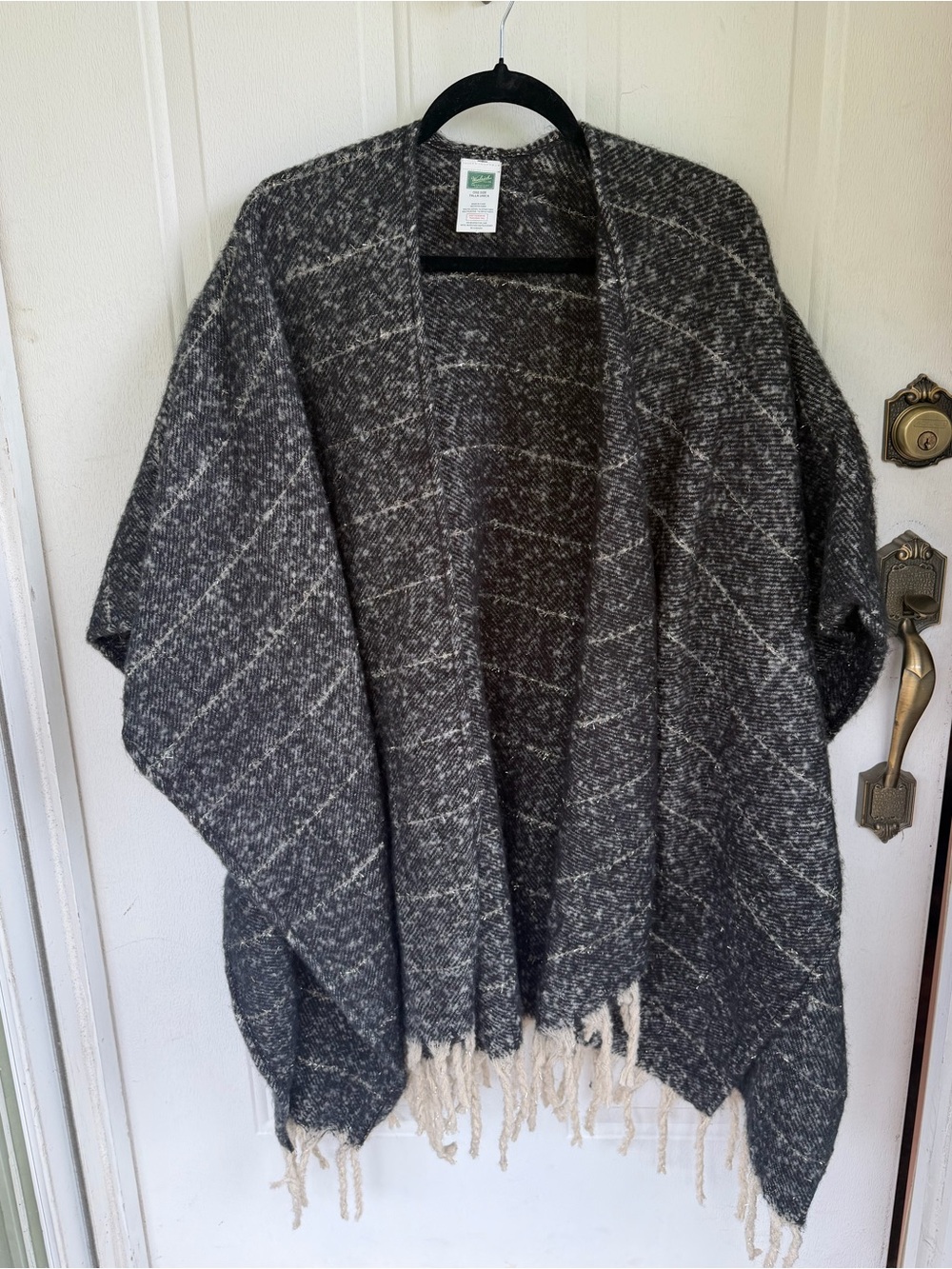 Woolrich Green Label Charcoal Striped Fringe Poncho Wrap One Size